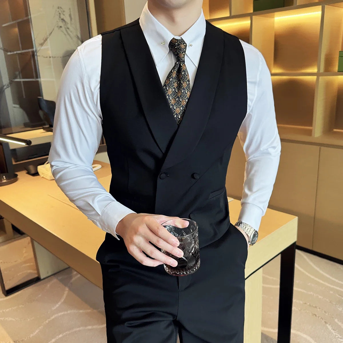 Bonsir High-end Double-breasted Suit Vest With Pants New Men Fashion Slim Business Casual Best Groom Wedding Dress Vest  2 Pcs Set