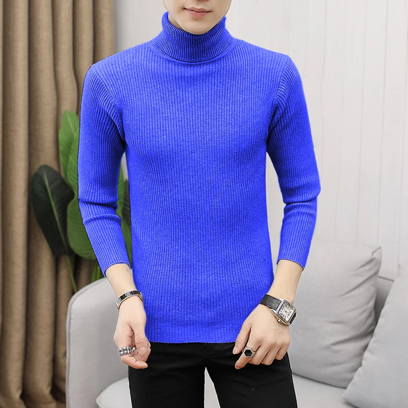 Bonsir Fall/Winter Men's Turtleneck Sweater Fashion Striped Solid Color Warm Knitted Sweater Men Double Collar Slim Fit Sweaters