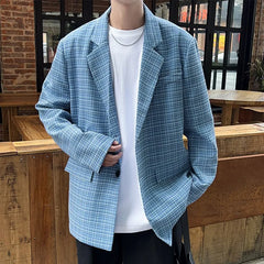 BONSIR  -  Fashion Oversize Plaid Blazer Jacket Men Japanese Style Clothing Vintage Casual Loose Grid Suit Coat Hip Hop Streetwear Khaki