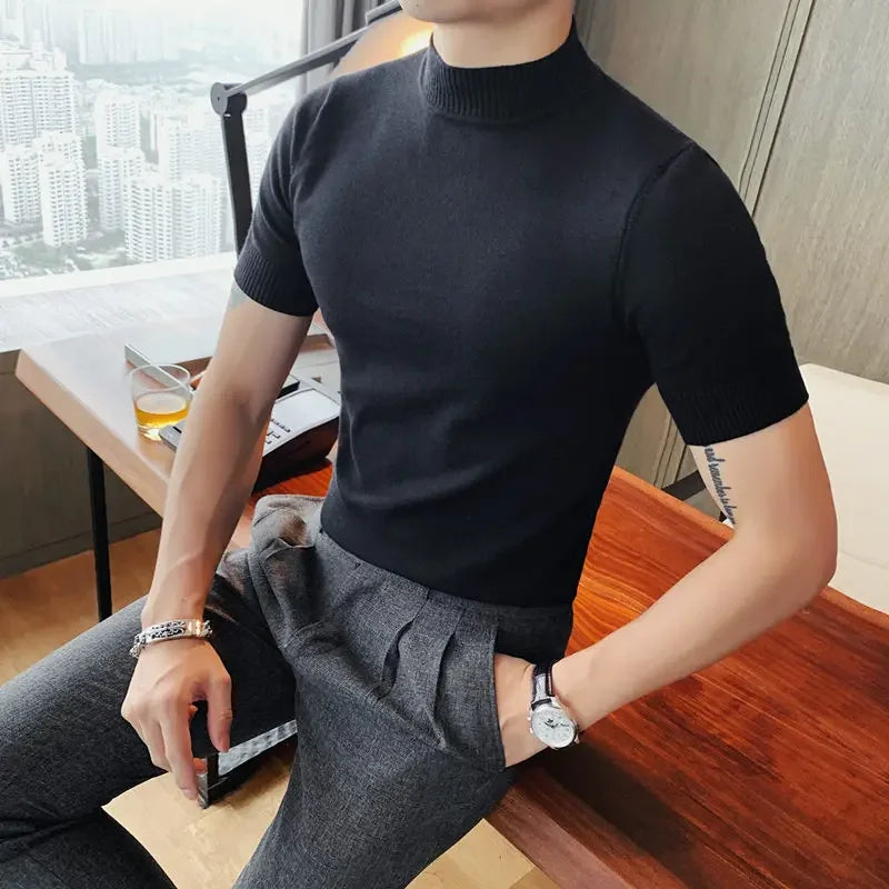 Bonsir Autumn Short Sleeve Sweater For Men High Quality Fashion Solid Slim Fit Pullovers Half High Neck Elastic Knitted Casual T Shirt