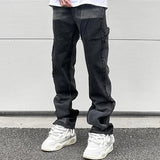 Bonsir High Street Patchwork Ripped Black Jeans Pants for Men Straight Retro Casual Sashes Pockets Denim Trousers Oversized Loose Jean