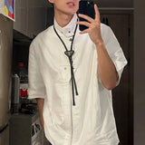 Bonsir Mens Stand Collar Functional Shirt Spring Summer Zipper Short Sleeve Shirts Tops Fashion Street Solid Original Design Blouse