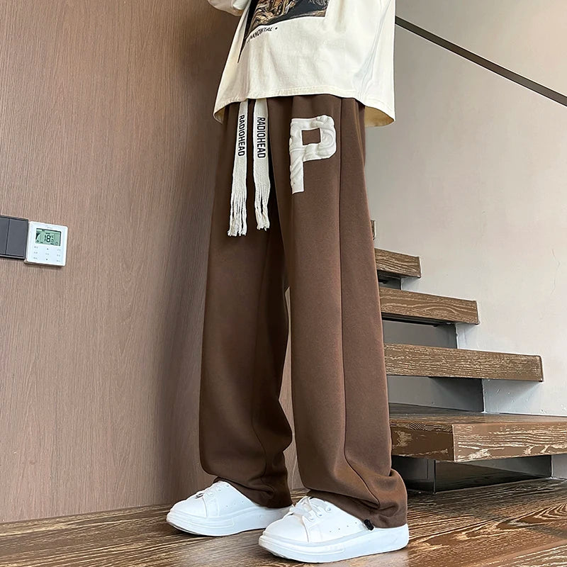 Bonsir 2024 Autumn New Men's Sweatpants Korean Fashion P Printed Wide Leg Straight Pants Streetwear Trousers