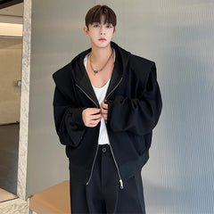 Bonsir Men's Shoulder Pad Hooded Cardigan Korean Chic Sweatshirt Solid Color Zip Loose Casual Male Jacket Autumn New Coat