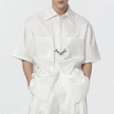 Bonsir French Satin Glossy Shirt Men's Fashion Pocket Solid Color Short Sleeve Blouse Unisex Functional Metal Button Design Shirts