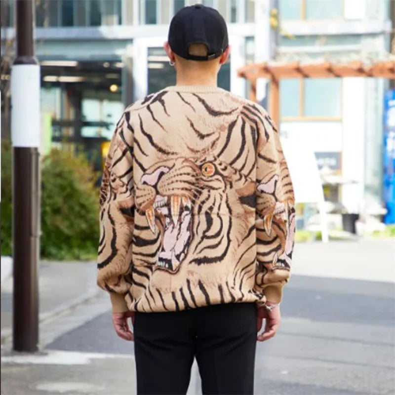 Bonsir Japanese Retro Tiger Print Patchwork Crew Neck Sweaters for Men and Women Harajuku Baggy Casual Knitted Clothes Oversized