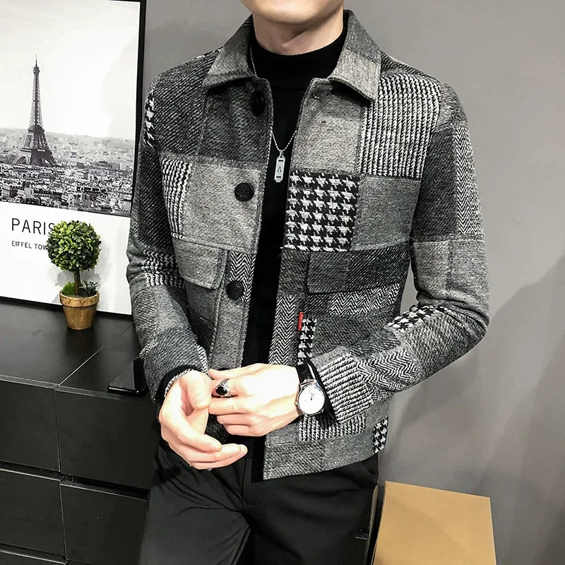 Bonsir Autumn Winter New Woolen Plaid Coat Jackes Men Business Casual Slim Fit Jackets Streetwear British Style Party Blazers