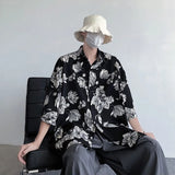 Bonsir Mens Shirts Floral Print Casual Shirts Summer Trend Streetwear Versatile Youth Breathable Five-Point Sleeve Tops Men'S Clothing