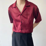 Bonsir Summer Men's Stylish Shirt Cuban collar Satin Silk Wine Red Dress Shirts Short Sleeve Tops Wedding Prom Party Holiday Blouse Man