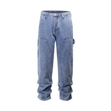 Bonsir New Fashion Blue Pockets Jeans for Men and Women Streetwear Casual Cargo Pants Washed Solid Color Denim Trousers Oversized