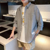 BONSIR  -  Fashion Casual Streetwear Loose Striped Handsome Three Quarter SleeveTurn-down Collar Button Summer Korean Men's Clothing Man