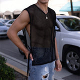 BONSIR  -  Streetwear Mens Mesh Tank Top Sexy Hollow Out See Through Mesh Camisoles Men Sleeveless V Neck Slim Lace-up Vest Tops Nightclub