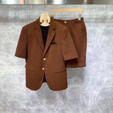 BONSIR  -  Korean Style Men Short Sleeved Suits Jackets And Shorts Male Simple Solid Houndstooth Fabric Comfortable Slim Fit Two-piece Sets