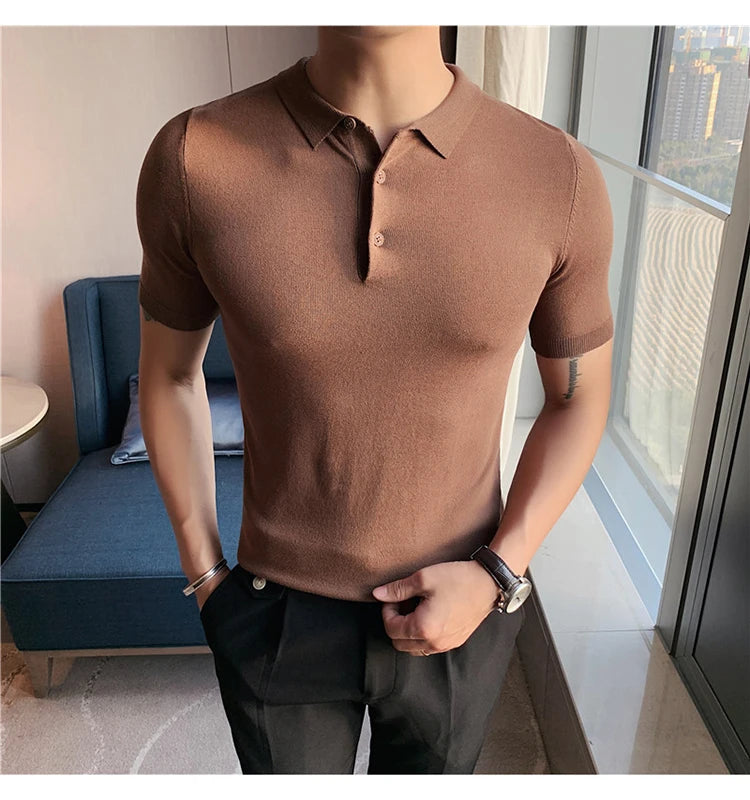 Bonsir British Style Summer Knitted Polo Shirt Solid Color Slim Fit Stretch Short Sleeve T-shirt Men Business Social Polos Streetwear