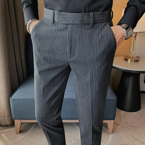 Bonsir British Style Striped Slim Fit Suit Pant Men Business Casual Simple Dress Pants High Quality Social Wedding Party Trousers 38-28