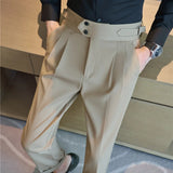 Bonsir British Autumn New High Waist Trousers Men Belt Design Slim Fit Suit Pants Office Social Wedding Party Formal Pants Hommes