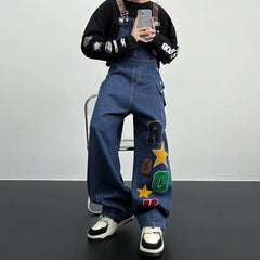 Bonsir Y2K Cargo Jeans Jumpsuit for Men Streetwear Hip Hop Punk Loose Denim Bodysuits Overalls Male Japanese Print Pocket Pants