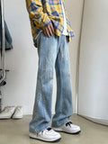 BONSIR  -  Fashion Patchwork Men's Bootcut Jeans Elastic Waist Drawstring Denim Pants High Street Classic Light Blue Black Male Trousers