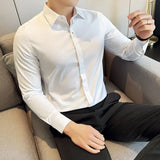 Bonsir Men's Fashion Metal Decorative Embellished Shirt High Quality Bamboo Fiber Fabric Slim Fit Embroidery Long Sleeve Business Shirt