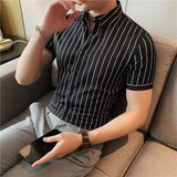 Bonsir Black / White Summer Men Short Sleeve Striped Shirts  High Quality Male Slim Fit Business Casual Shirt Formal Dress Blouse
