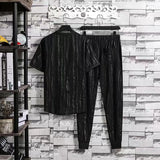 BONSIR  -  Summer New Loose Two Piece Set Men's Short-sleeved T-shirt Drawstring Pants Korean Wrinkle Sports Casual Suit Trend Men Clothes