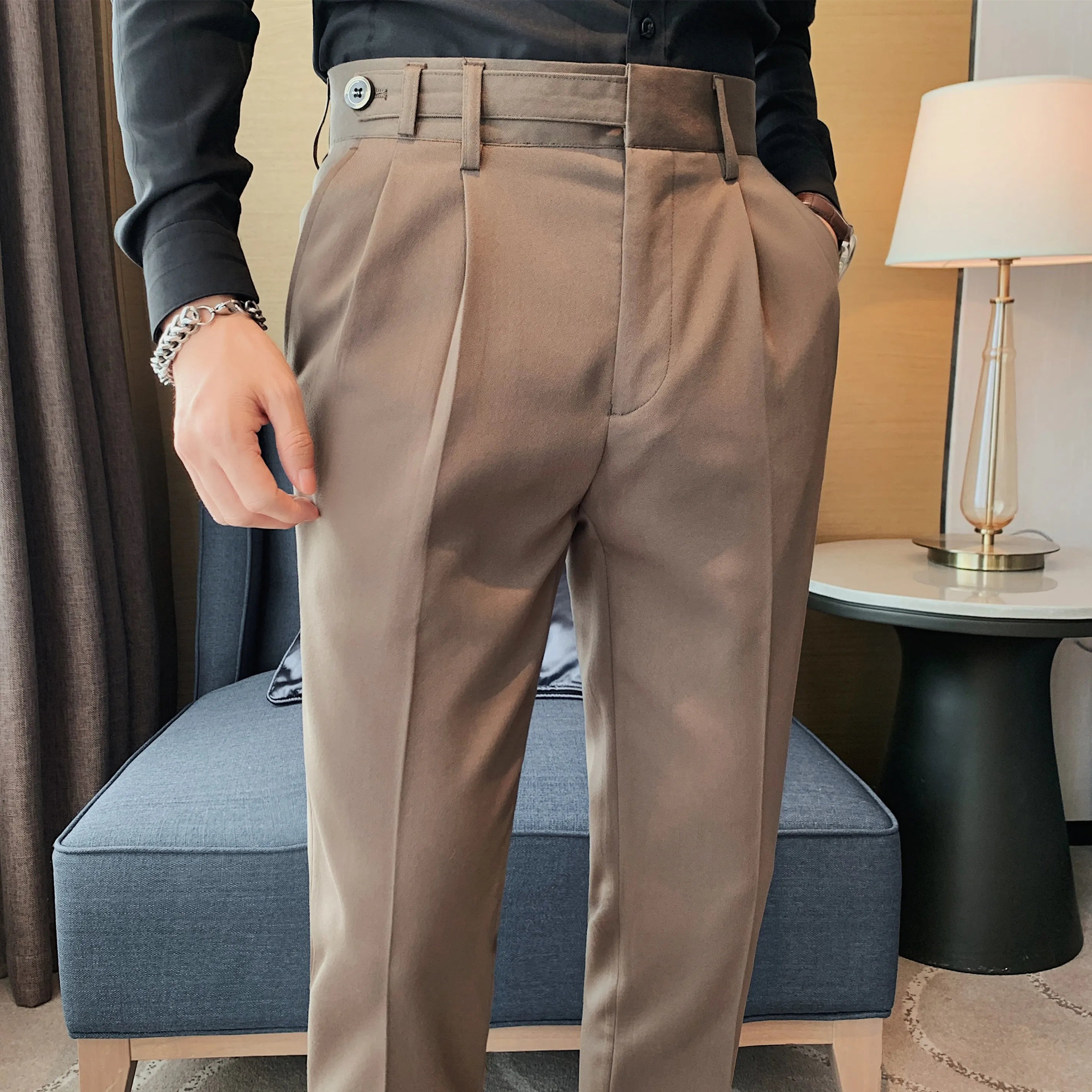 Bonsir Autumn Winter High Quality Solid Casual Pants Men Belt Design Slim Fit Trousers Formal Office Business Social Party Suit Pants