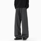 BONSIR  -  Korean Style Men's Casual Pants Wollen Elastic Waist Plaid Design Contrast Color Wide Leg Drawstring Male Bottom 24K5362