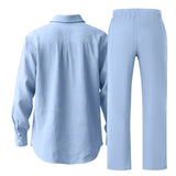 BONSIR  -  Summer Casual Mens Linen Two Piece Suits Leisure Breathable Long Sleeve Shirt And Trousers Men Outfits Fashion Solid Color Sets