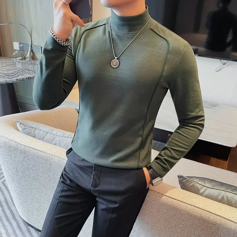 Bonsir Autumn Winter Men Half High Collar Long Sleeve T Shirts High Quality Velvet Solid Color Slim Fit Casual T-Shirt Men Clothing 4XL