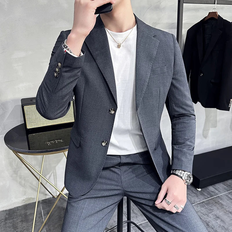 Bonsir 7XL 6XL (Jacket+Pant) Spring Summer Simple Casual Suit Men's Business Groom Wedding Tuxedo Formal Prom Party Office Suit