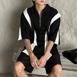 Bonsir Mens Polo Shirt Y2k Black White Contrast Half-Zip T Shirt Fashion Casual Personality Streetwear All-Match Tops Men'S Clothing