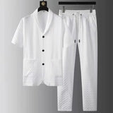 BONSIR  -  Fashion Men's Two Piece Sets Spring Summer Casual Short Sleeve Shirts Pants Suit Solid Geometry Pattern Printed Outfit Men