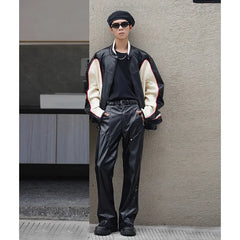 BONSIR  -  Autumn Winter Men's Leather Motorcycle Pants Black Punk PU Pants Men Women Straight Mopping Trousers Streetwear Waterproof