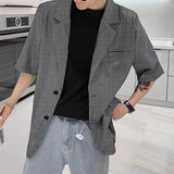 BONSIR  -  Men Plaid Blazer Lapel Half Sleeve Button Casual Suits Men Streetwear 2025 Korean Style Fashion Leisure Thin Coats S-5XL
