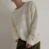Bonsir Streetwear Fashion Sweaters Men Solid Color Hollow Out Long-sleeved Jumpers Mens Knitwear Spring Vintage Ribbed Crew Neck Tops