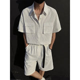BONSIR  -  Men Relaxed Summer Outfit Set  Short-Sleeve Button-Up Shirt  Matching Shorts Two-Pocket Casual Comfort  Beach Travel Daily Wear