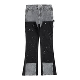 Bonsir High Street Spliced Speckled Ink Micro Flare Pants for Men Cleanfit Casual Washed Baggy Straight Denim Trousers Y2K Jeans