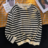 Bonsir Spring and Autumn Mens Y2K Retro Crochet Knitting Niche Stripe Design Hollow Long-sleeved Sweater Men's Round Neck Casual Tops