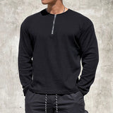 BONSIR  -  Men Clothing Casual Long Sleeve Muscle Male Pullover Simple Waffle Tops Tee t-shirt Vintage Solid Zipper Loose Gym Shirts