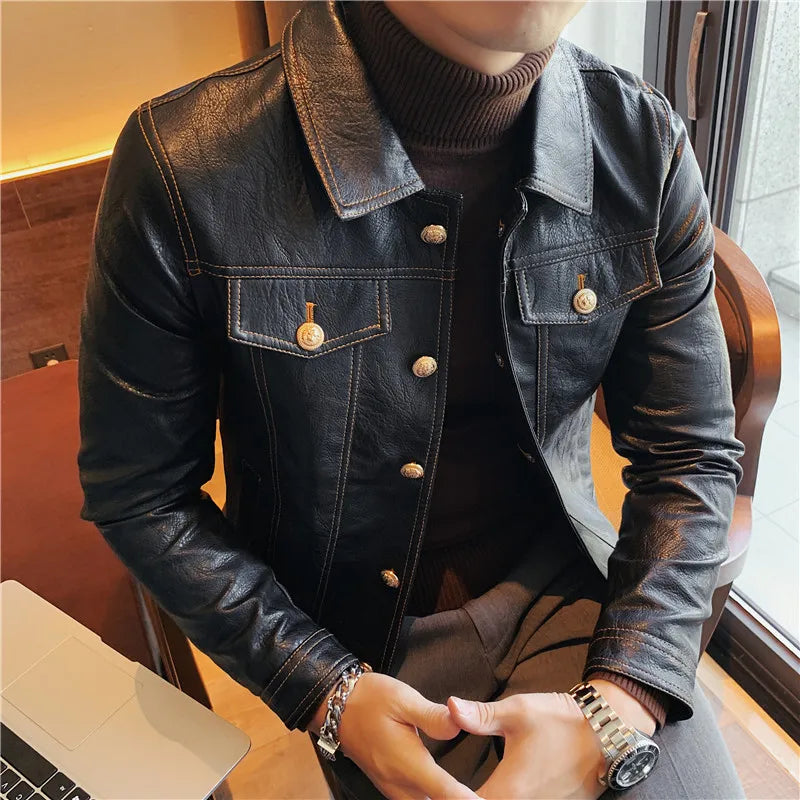 Bonsir Autumn New Oblique Zipper Leather Jacket Men Slim Fit Lapel Pu Leather Coat Streetwear Motorcycle Riding Uniform 3XL-M