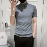 Bonsir Summer Thin Knitted T-shirt Half High Collar Men Pullover Slim Business Social T Shirt Solid Color Men Sweater Streetwear