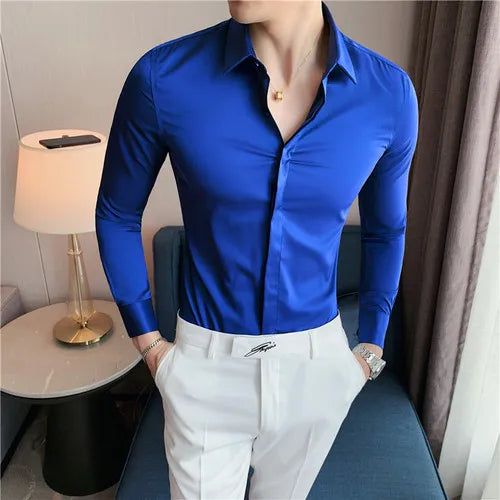 Bonsir 8 Colors High Quality  Men Dress Shirt Autumn Long Sleeve Solid Concealed Placket Shirts Men Business Slim Fit Social Shirt