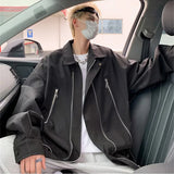 Bonsir American High Street Jacket Men's Spring and Autumn New Item Solid Lapel Loose Collar Zipper Long Sleeved Jacket
