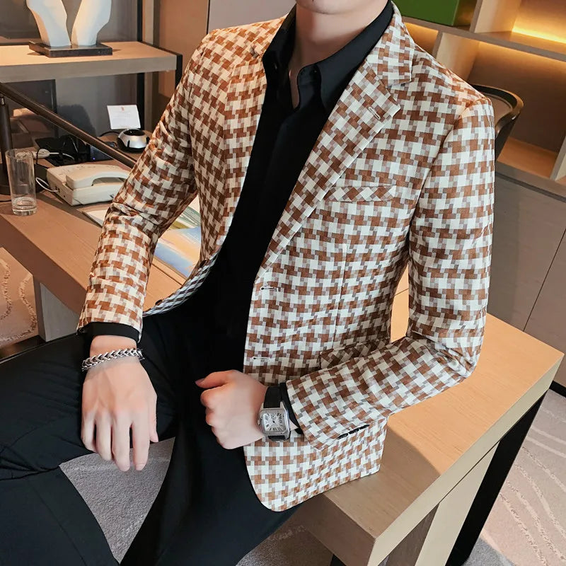 Bonsir British Style Mens Houndstooth Slim Fit Blazers New Simple Slim Fit Business Dress Coats Groom Wedding Tuxedo Suit Jacket