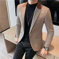 Bonsir Autumn Winter Korean  Houndstooth Blazer Jackets Fashion Color Matching Lapel Design Casual Men's Plaid Suit Coat Tuxedo