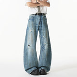 BONSIR  -  High Street Men's Denim Pants Washing Worn-out Holes Design Solid Color Bottom Straight Leg Summer Male Jeans 2025 24K5211