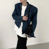Bonsir Mens Autumn College Style Simple Y2k Niche Short Denim Jacket Fashion Youth Trend Retro Washed Shoulder Pad Cardigan Jacket Men
