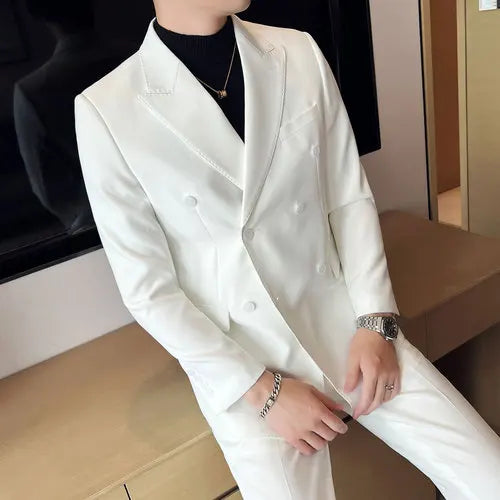 Bonsir New White Men Suits Slim with Double Breasted Wedding Groom Tuxedo Formal Business Male Fashion Jacket With Pants 2 Pieces