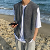 BONSIR  -  Japanese Loose Solid Men Vest Spring Autumn Preppy Style Male Knitted Cardigan Round Neck Sleeveless Zipper Tank Top