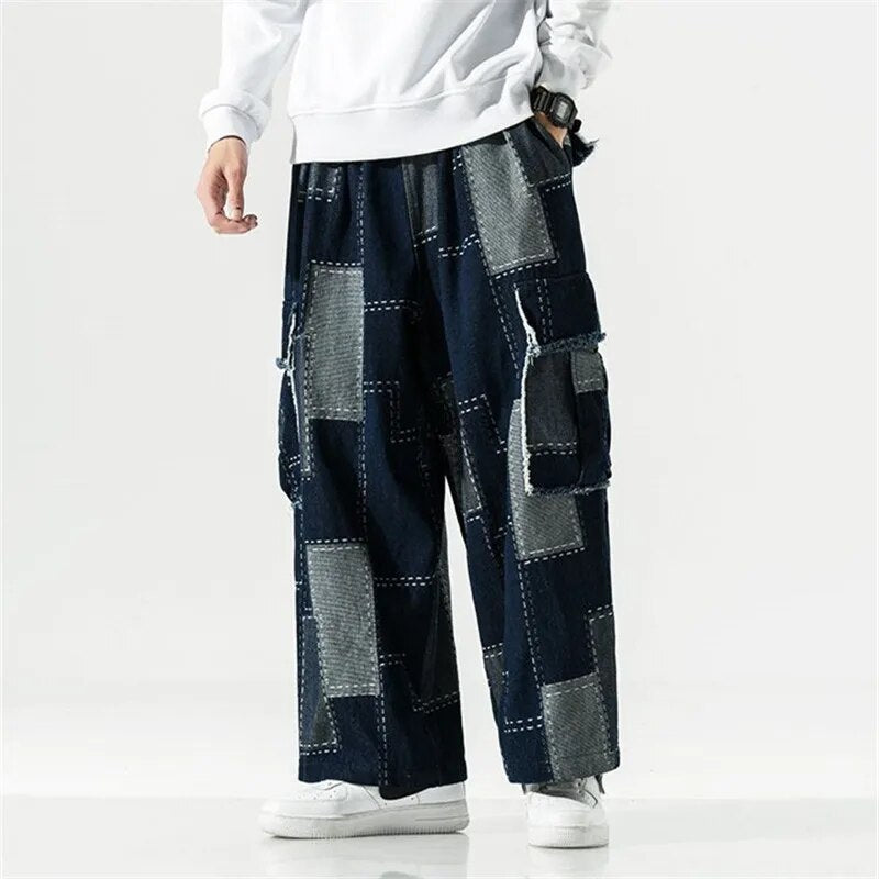 Bonsir Loose Straight Jeans Patchwork Cargo Big Pocket Pants Japanese Harajuku Streetwear